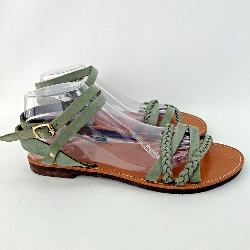 Klimatsakis Green Leather Gladiator Sandals Handmade In Greece Size 2 (10.5-11)